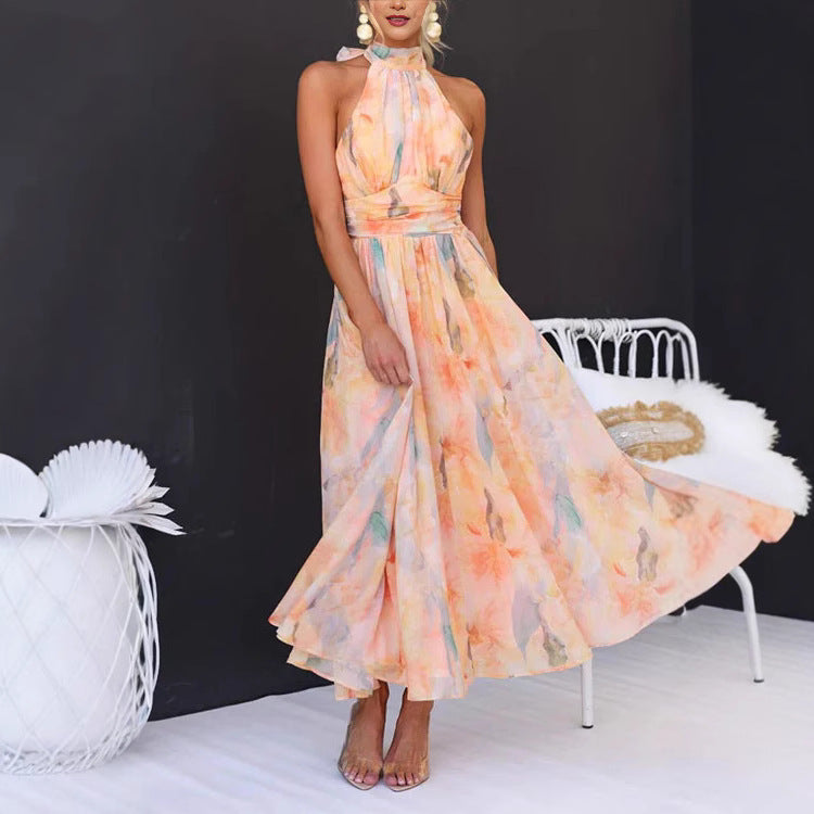 A Women's Clothing Vacation Style Sleeveless Printed Backless Dress free delivery