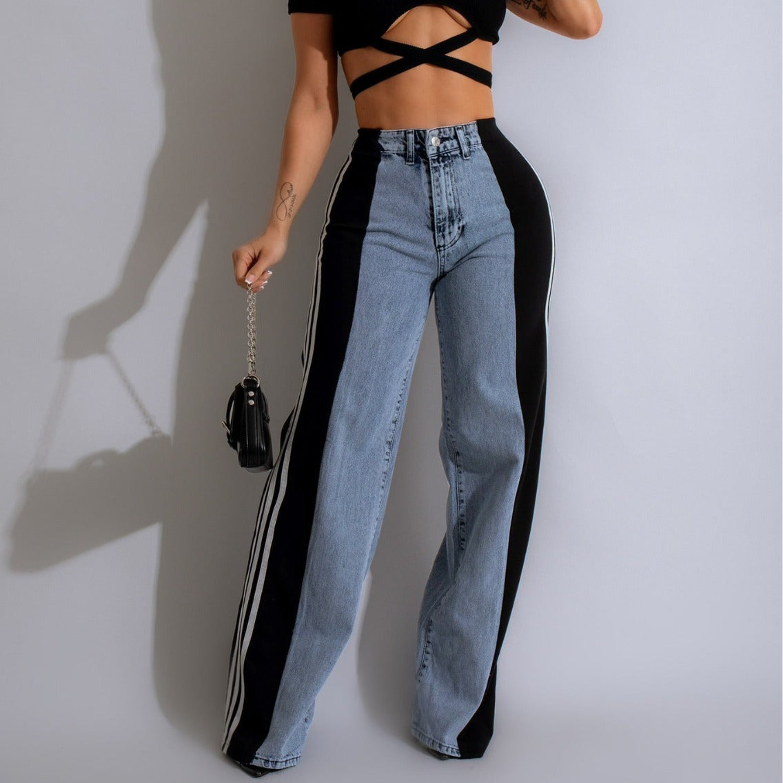 A Wide-leg patchwork denim trousers casual 2024 style free delivery