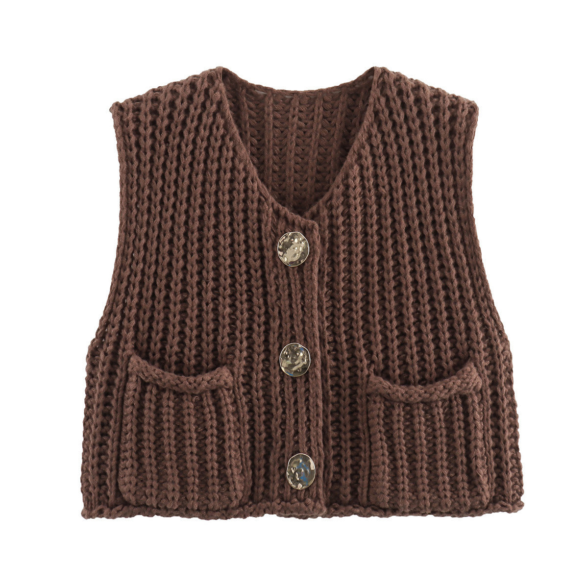 A Women's Pocket Sleeveless Short Knitted Cardigan Vest Shirt free delivery