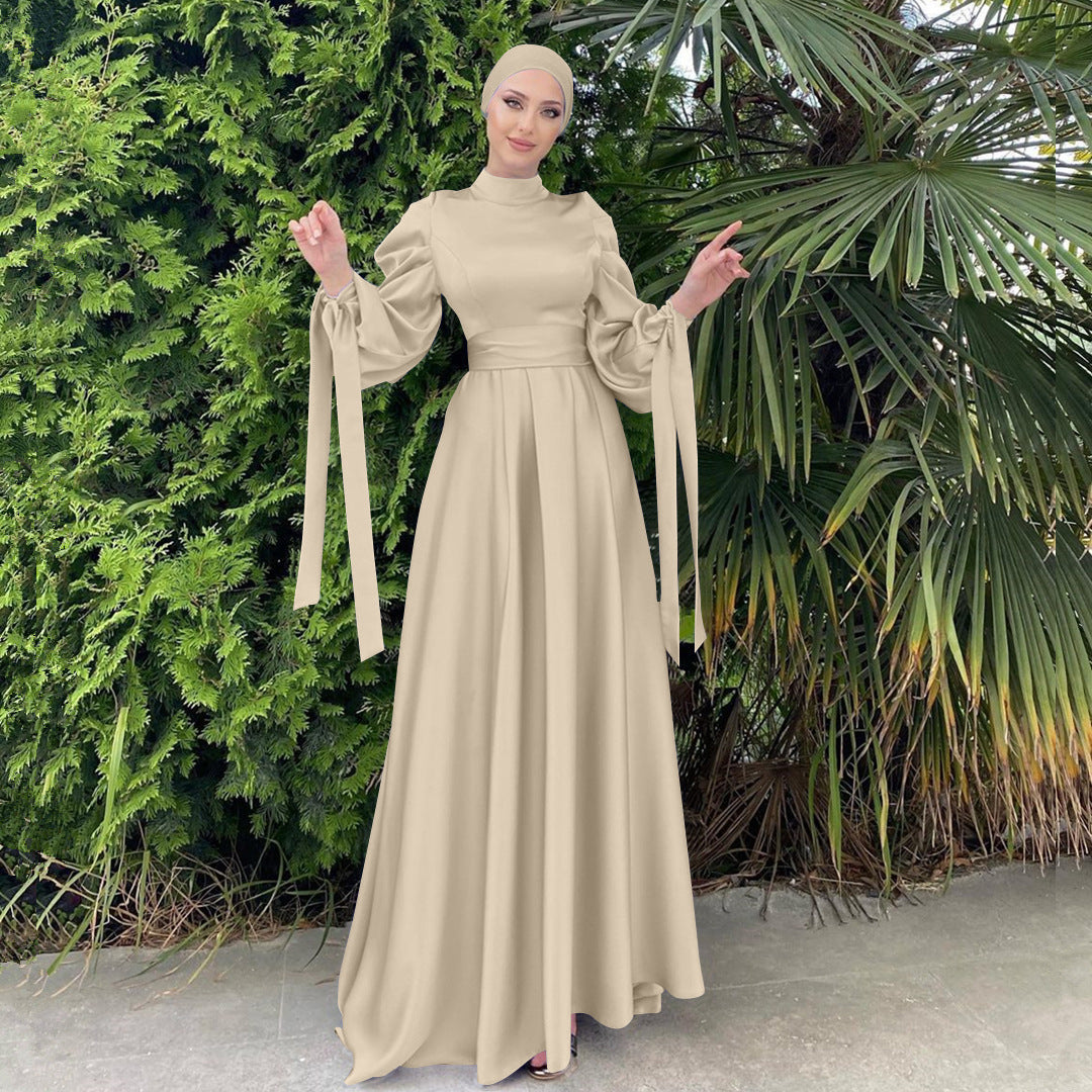 A Women's New Stand Collar Satin Dress Tunic With Puff Sleeves free delivery