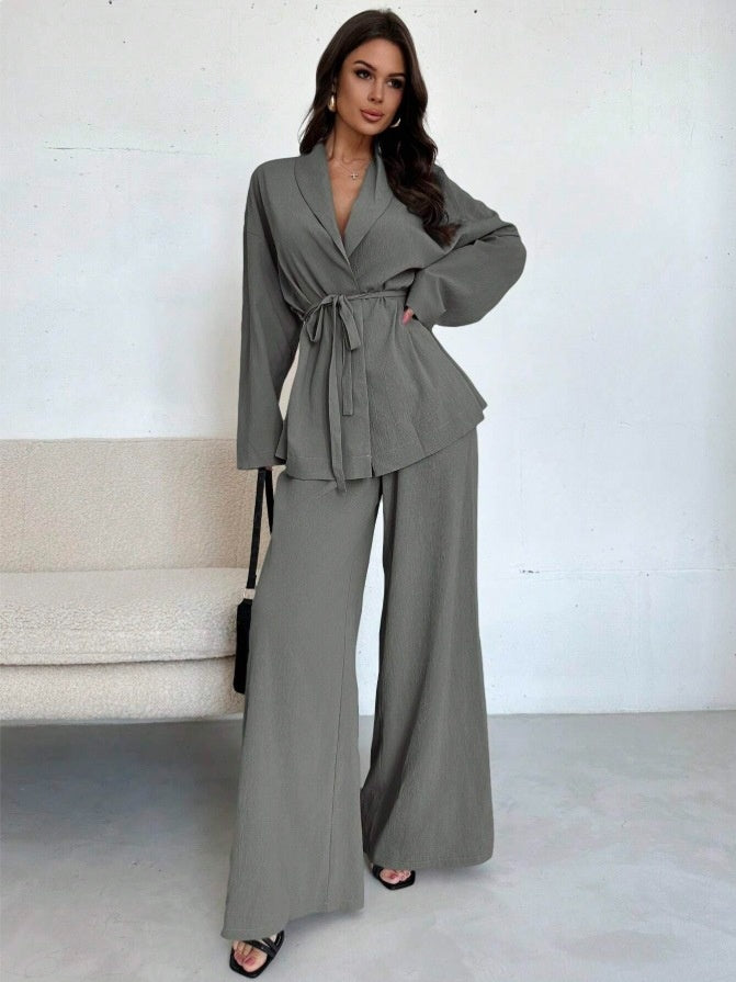 A V-neck Women's Temperament Long Sleeve Elegant Wide-leg Pants Suit free delivery