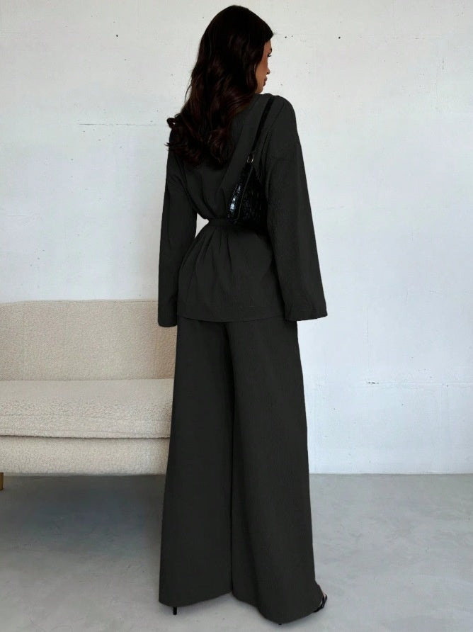 A V-neck Women's Temperament Long Sleeve Elegant Wide-leg Pants Suit free delivery