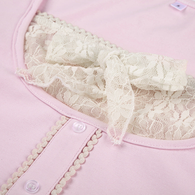 Girl's Lace Stitching Contrast Color Knitted Long-sleeved Top T-shirt free delivery