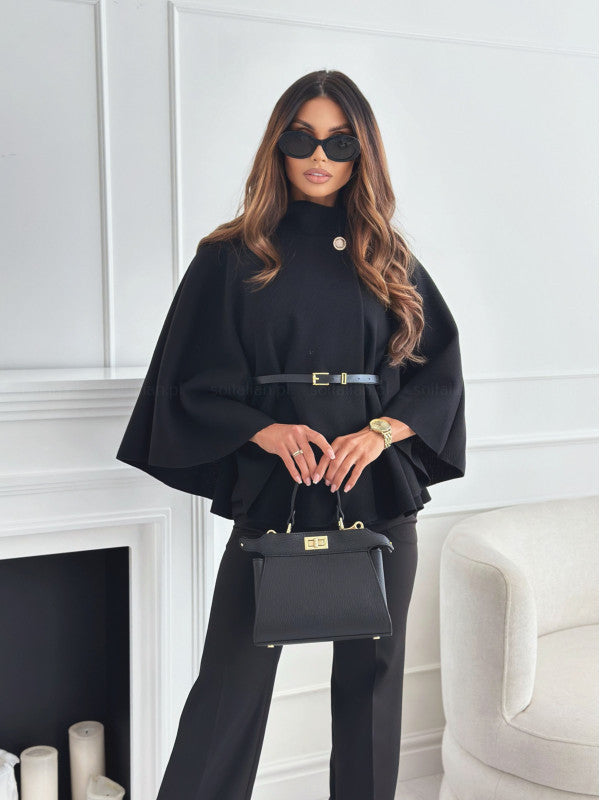 A New Stand Collar Batwing Sleeves Cloak Top With Belt Ins Fashion Temperament Jacket Woolen Sweater Outwear For Women Clothing free delivery