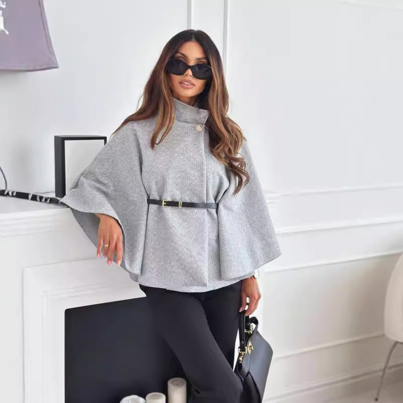 A New Stand Collar Batwing Sleeves Cloak Top With Belt Ins Fashion Temperament Jacket Woolen Sweater Outwear For Women Clothing free delivery