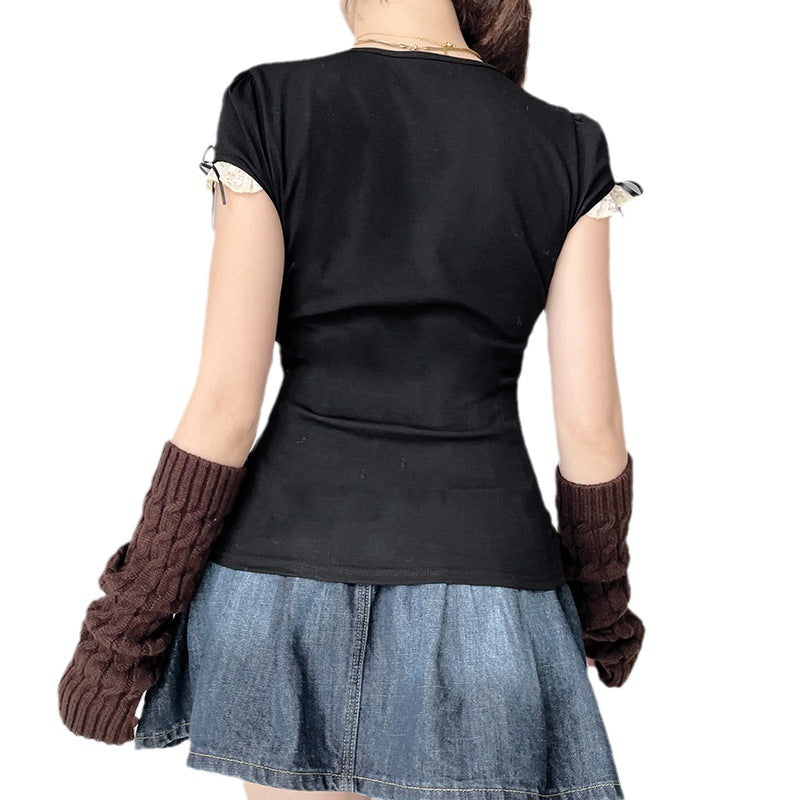Lace Stitching Bow Square Collar High Waist Short Sleeve T-shirt Top free delivery