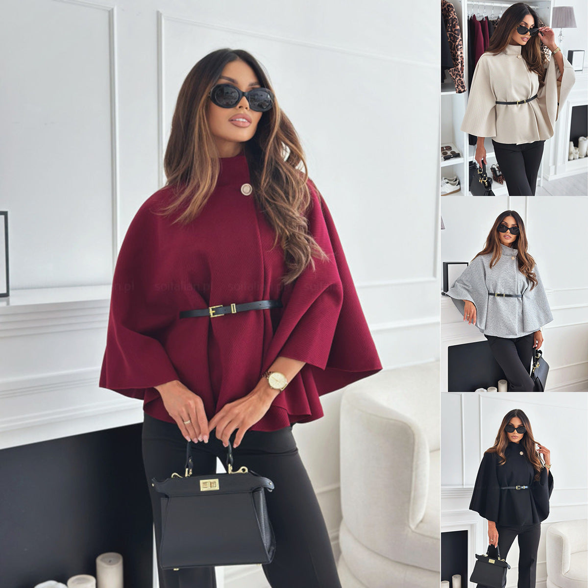 A New Stand Collar Batwing Sleeves Cloak Top With Belt Ins Fashion Temperament Jacket Woolen Sweater Outwear For Women Clothing free delivery