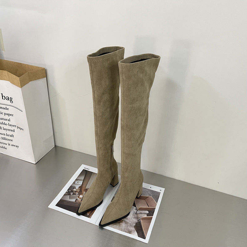 A Chunky Heel High Heel Long Suede Zipper Stretch Thin Boots free delivery