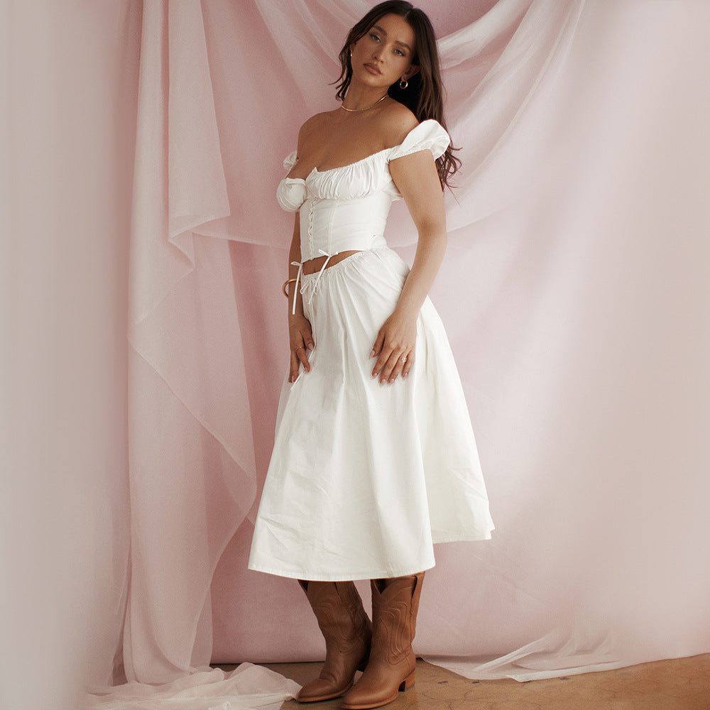 A Square Collar Puff Sleeve Short Midriff-baring Top Skirt Suit free delivery