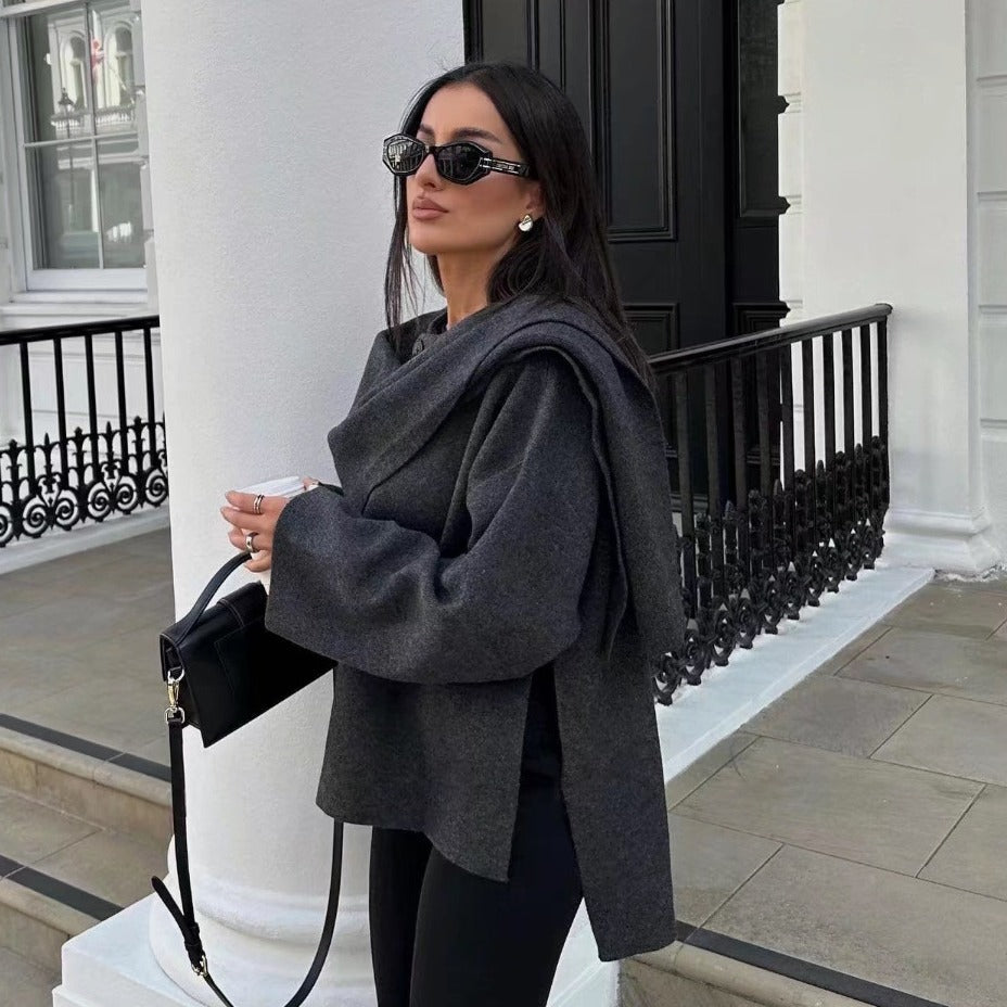A Solid Knitted Cardigan With Asymmetrical Scarf Design Fashion Short Coat Women Overcoat Jacket Winter free delivery