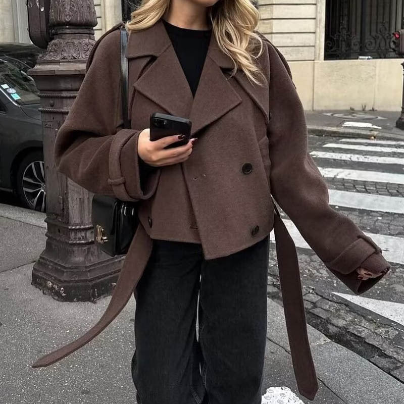 Women's Lapel Belt Top Long Sleeve free delivery