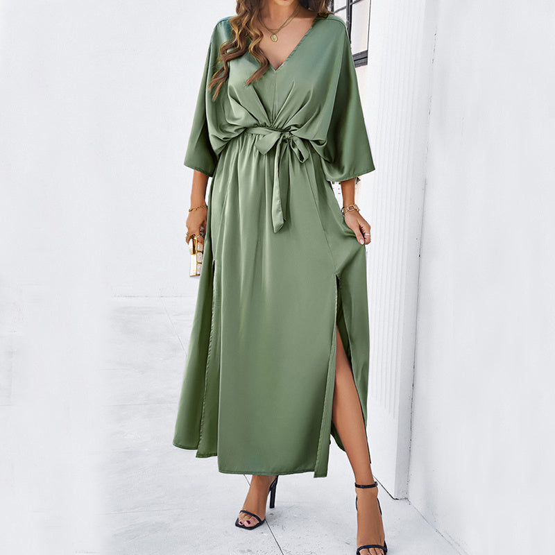 Fashion Bat Sleeve Long-sleeved V-neck Dress With Split Design Temperament Loose High Waist Lace-up Long Dresses Women Clothing free delivery