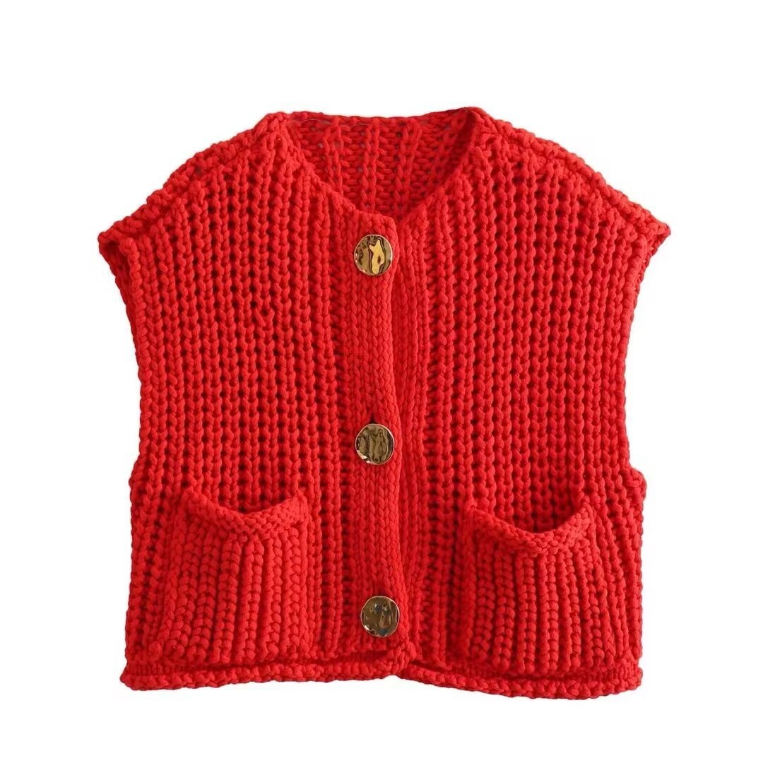 A Women's Pocket Sleeveless Short Knitted Cardigan Vest Shirt free delivery