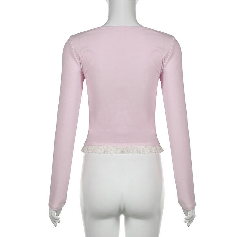 Girl's Lace Stitching Contrast Color Knitted Long-sleeved Top T-shirt free delivery