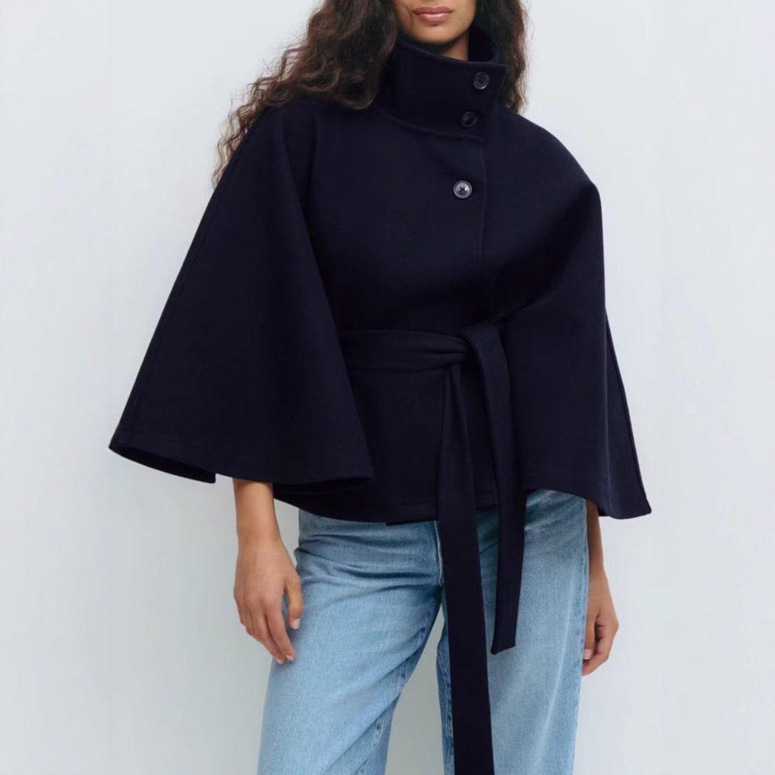 A Winter High Neck Batwing Sleeve Coat With Belt Fashion Loose Elegant Button Top Trench Coat For Women Clothing free delivery