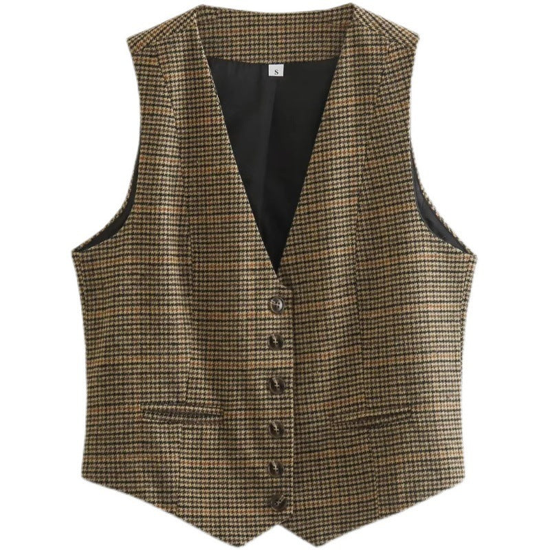 A Single-breasted Short Contrast Color Houndstooth Vest Jacket free delivery