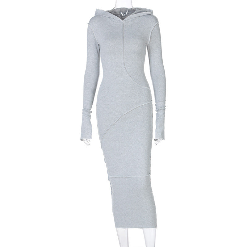 Reverse Stitch Long - Sleeved Dress With Hooded Hood