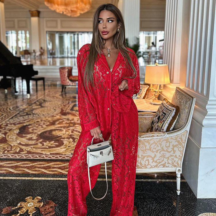 A Lace See-through Sexy Fashion Lapel Shirt Pants Suit free delivery