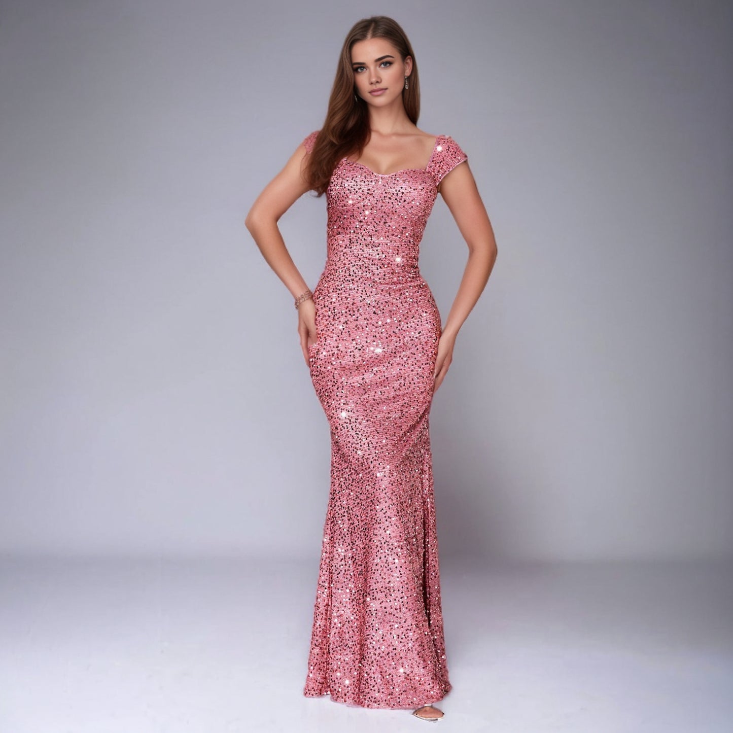 Solid Color And V-neck Sequin Sling High Waist Evening Dress free delivery