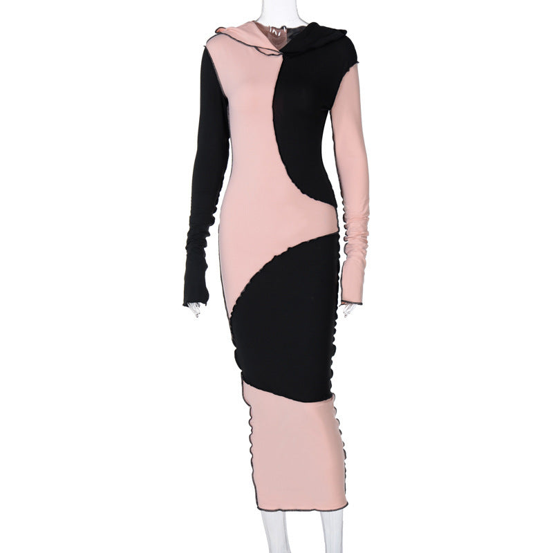 Reverse Stitch Long - Sleeved Dress With Hooded Hood
