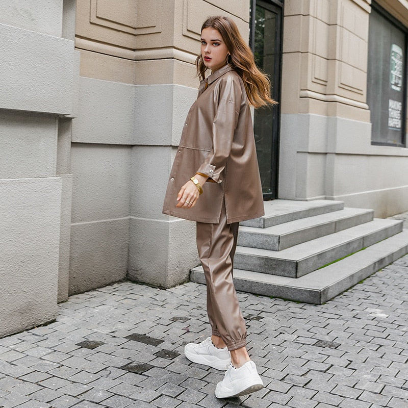 A Two-piece leather jacket and leather pants free delivery