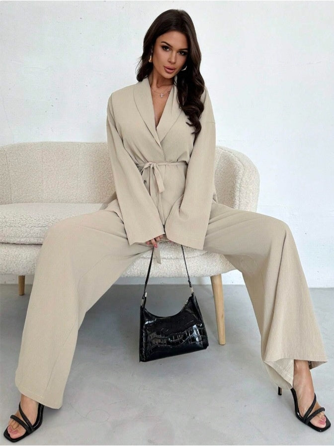 A V-neck Women's Temperament Long Sleeve Elegant Wide-leg Pants Suit free delivery