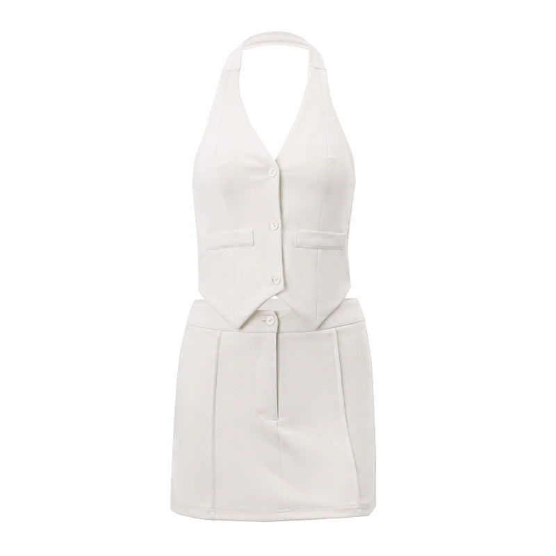 A Irregular V-neck Halterneck Vest Stitching Skirt Suit free delivery