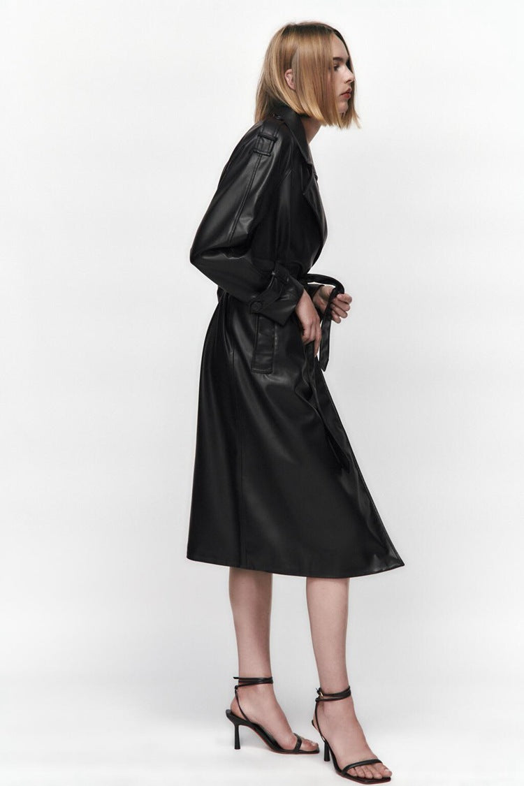 A Women's Clothing AutumnLong Sleeve Slim Fit With Belt Imitation Leather Trench Coat free delivery