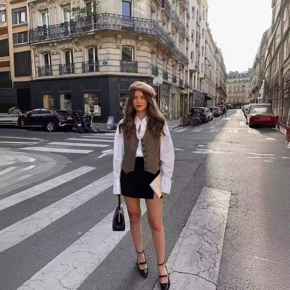 A Single-breasted Short Contrast Color Houndstooth Vest Jacket free delivery