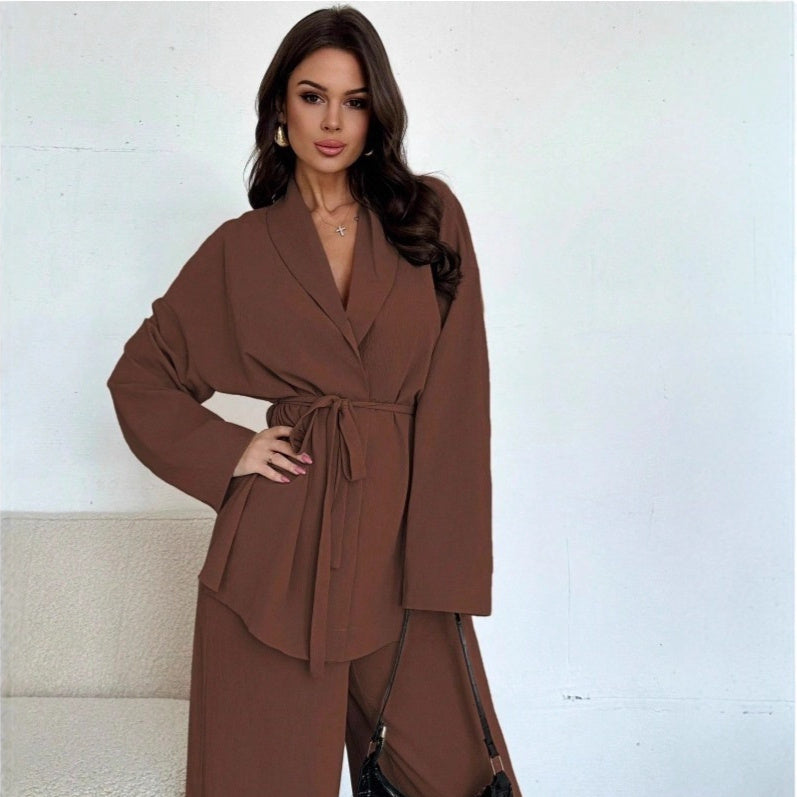 A V-neck Women's Temperament Long Sleeve Elegant Wide-leg Pants Suit free delivery
