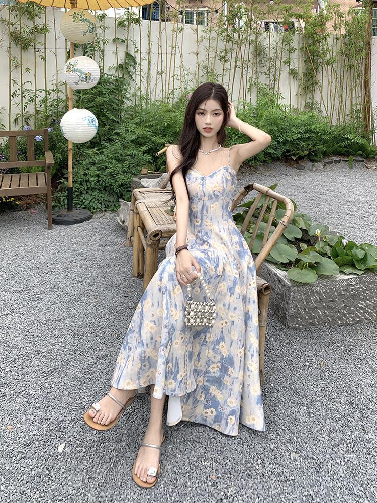 Blue Floral Halter Skirt Dress Two-piece Set free delivery