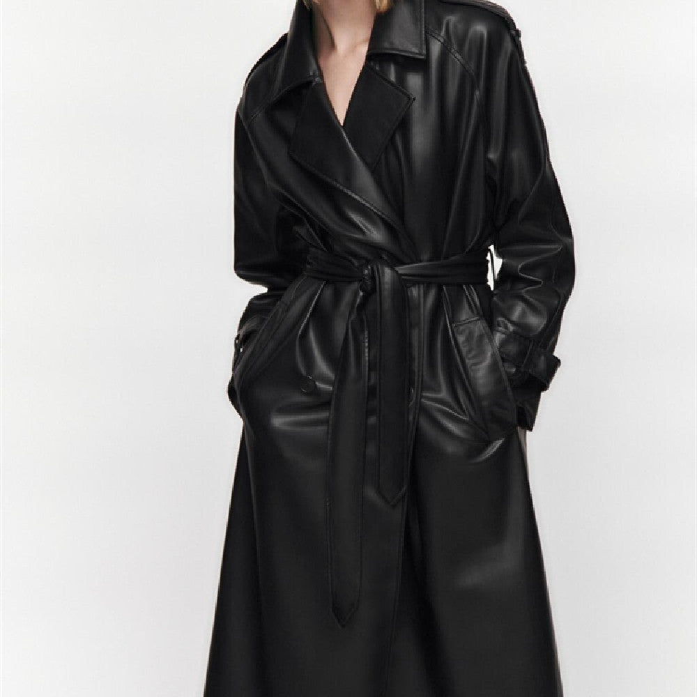 A Women's Clothing AutumnLong Sleeve Slim Fit With Belt Imitation Leather Trench Coat free delivery