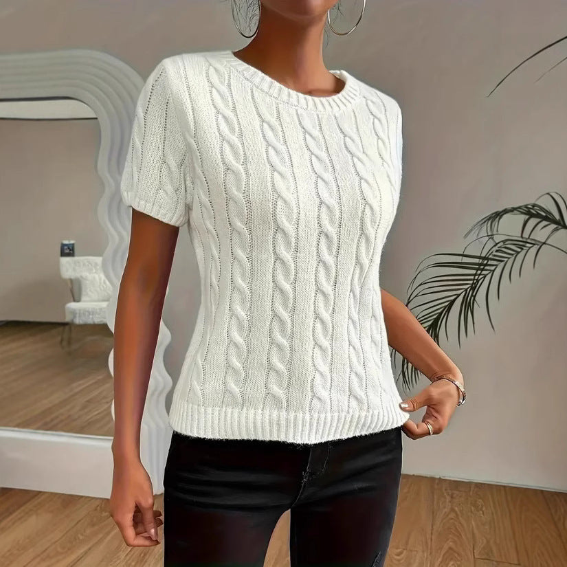 Simple Round-neck Comfortable Rib Short Sleeve Pullover Sweater free delivery