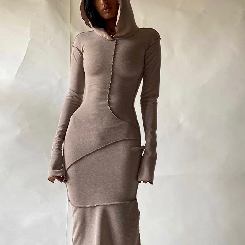 Reverse Stitch Long - Sleeved Dress With Hooded Hood