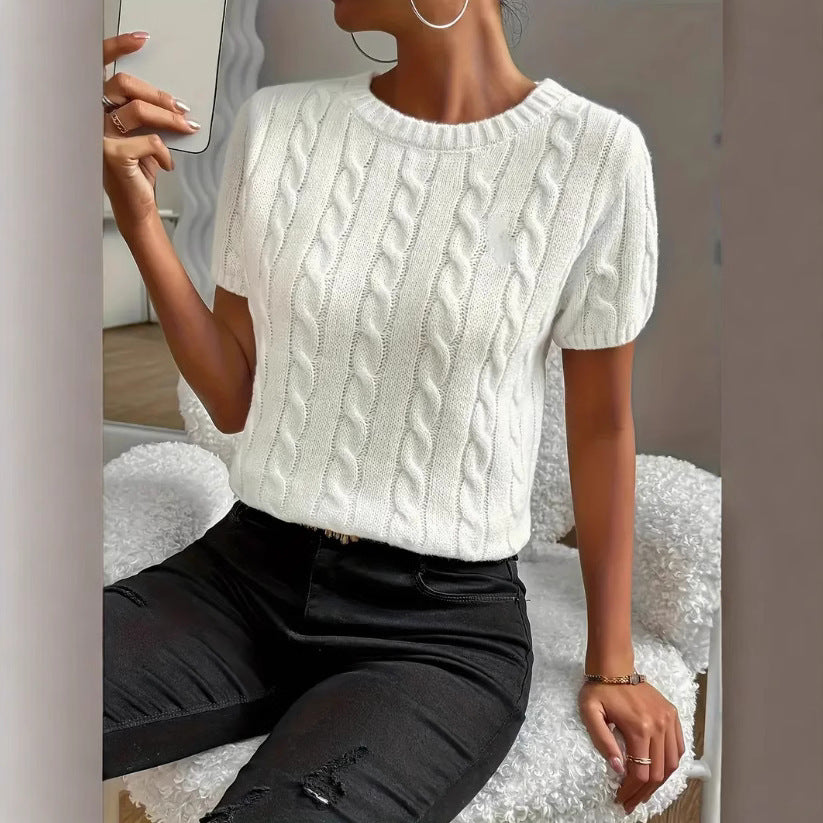 Simple Round-neck Comfortable Rib Short Sleeve Pullover Sweater free delivery