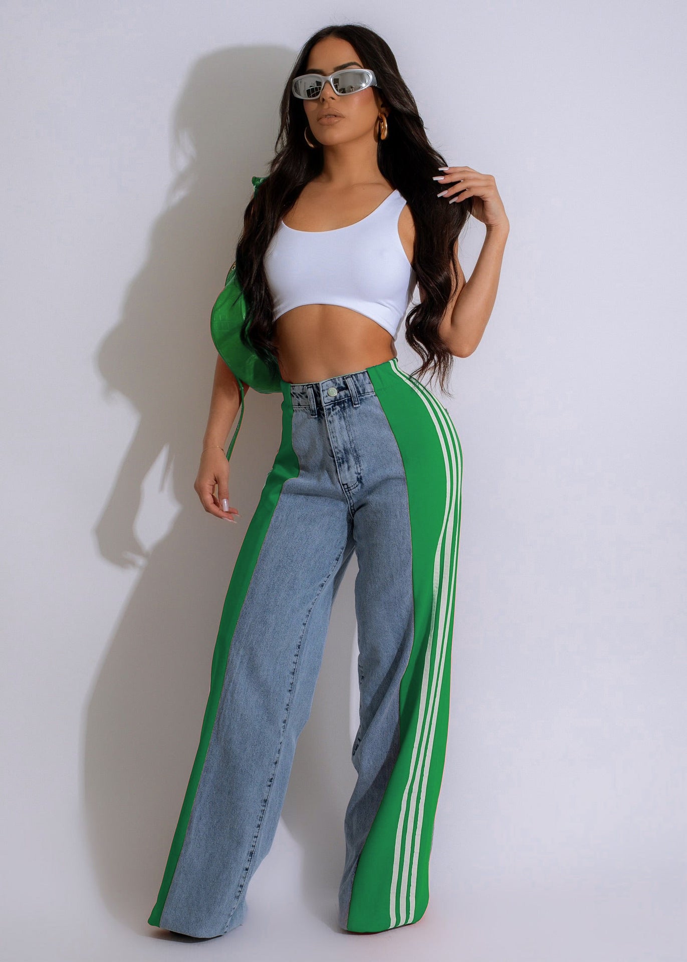 A Wide-leg patchwork denim trousers casual 2024 style free delivery