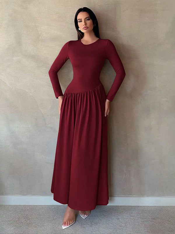 A Base Pleated Solid Color Long Dress free delivery
