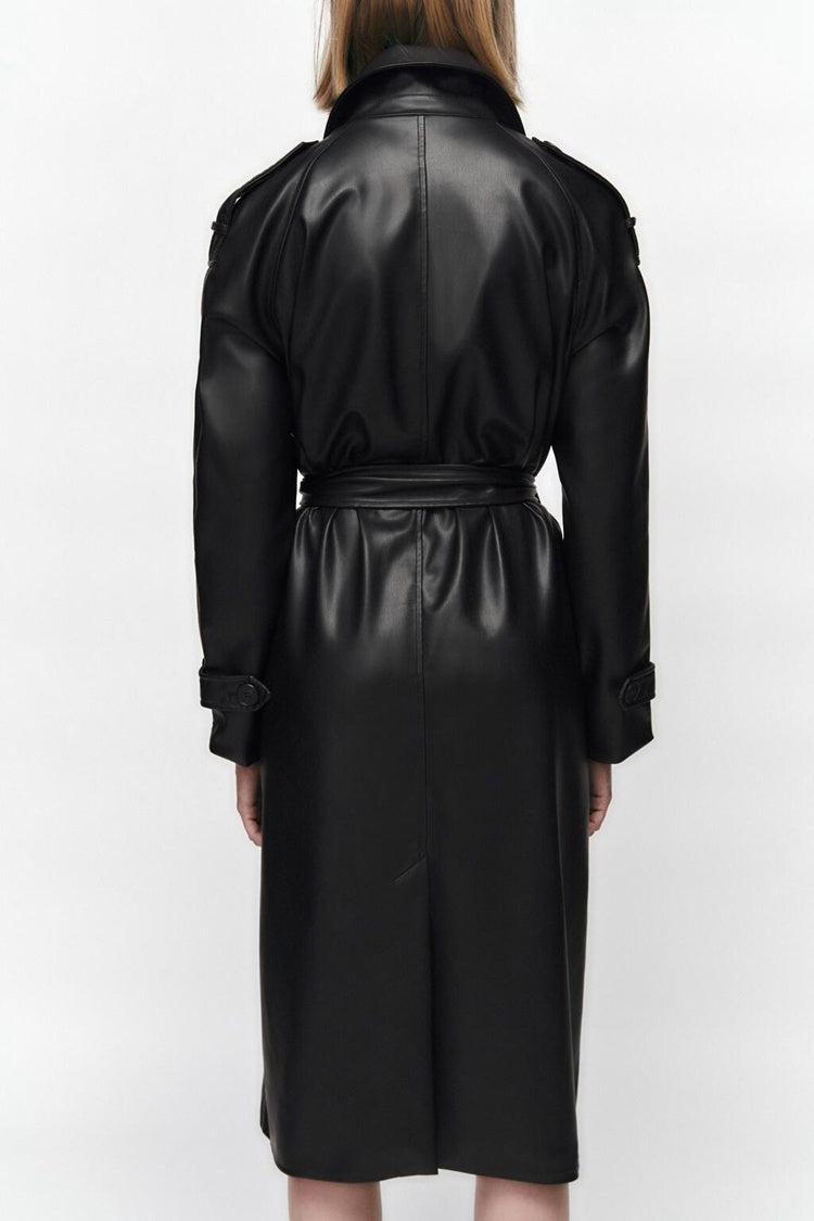 A Women's Clothing AutumnLong Sleeve Slim Fit With Belt Imitation Leather Trench Coat free delivery