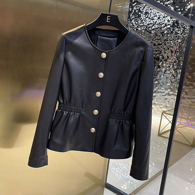 A Round Neck Washed Leather Single-breasted Waist Slim Fit Coat free delivery