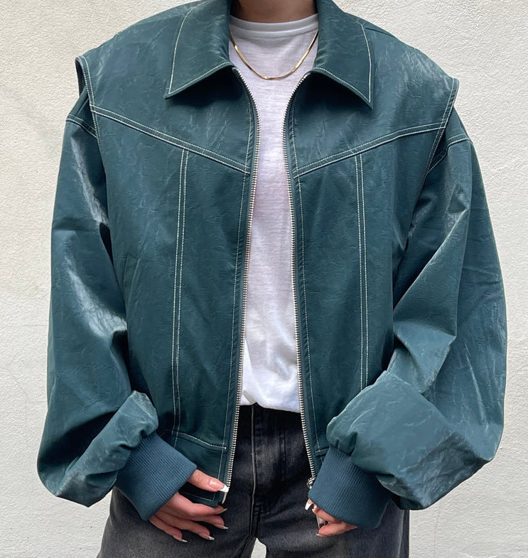 A Loose Fashion Lapel Zip-up Jacket Cool Long Sleeve Zipper Closure Moto Biker Leather Jacket Womens Clothing free delivery