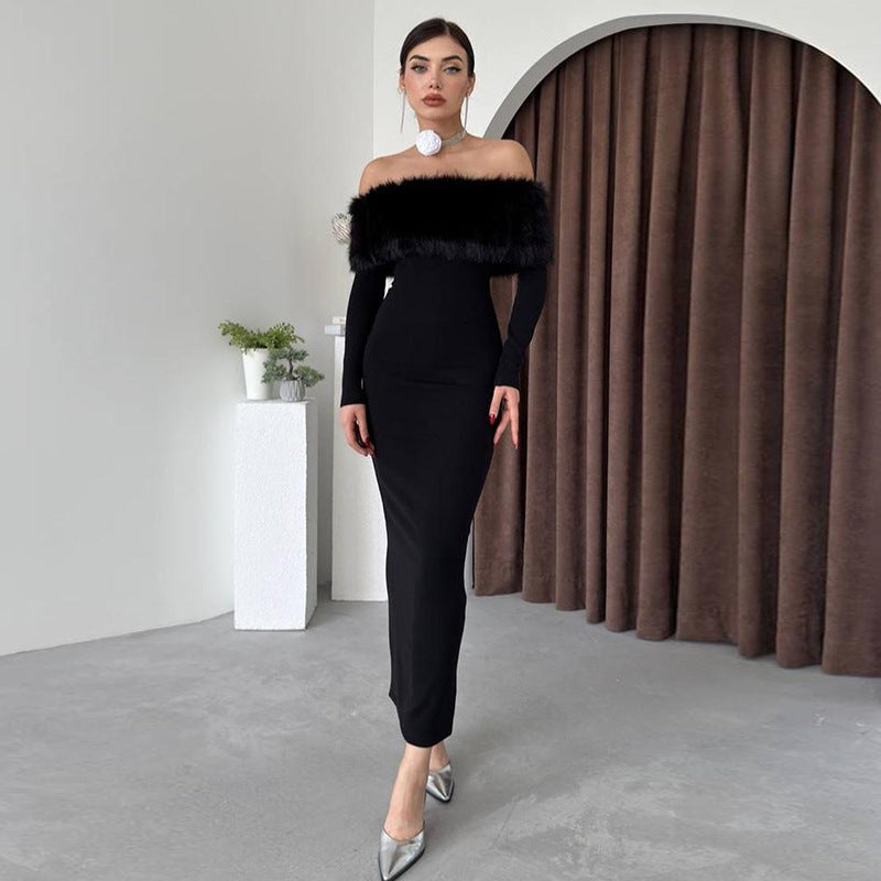 A Off-shoulder Fur Collar Slim Fit Dress Women free delivery