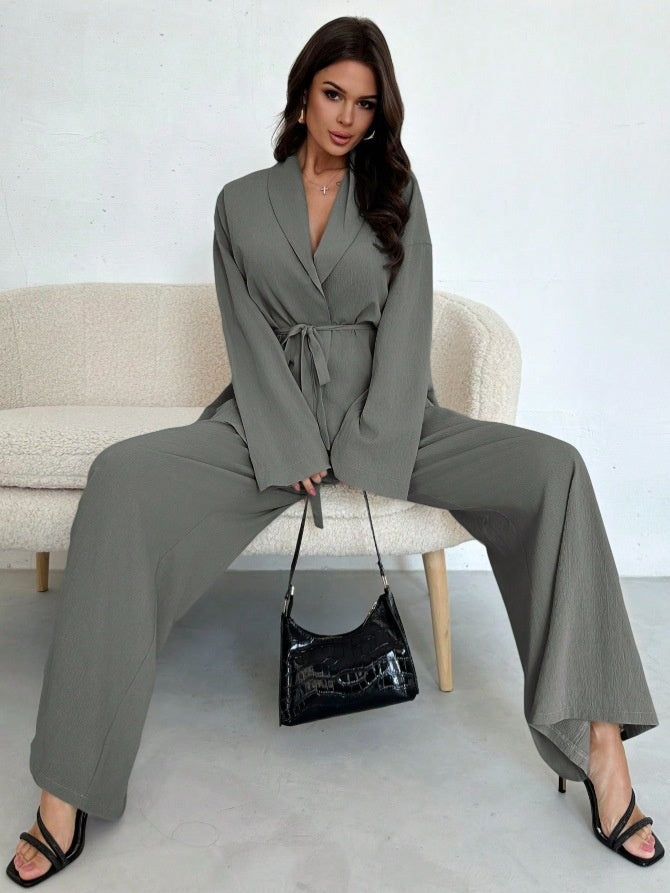 A V-neck Women's Temperament Long Sleeve Elegant Wide-leg Pants Suit free delivery