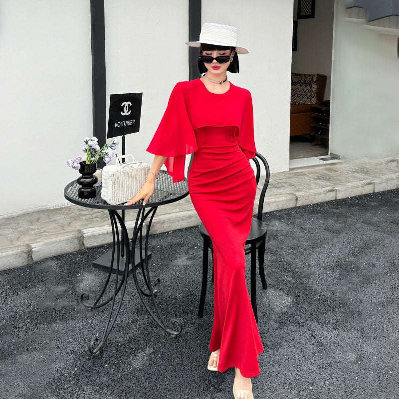 A Homemade Elegant Butterfly Short Sleeve Fishtail Dress free delivery