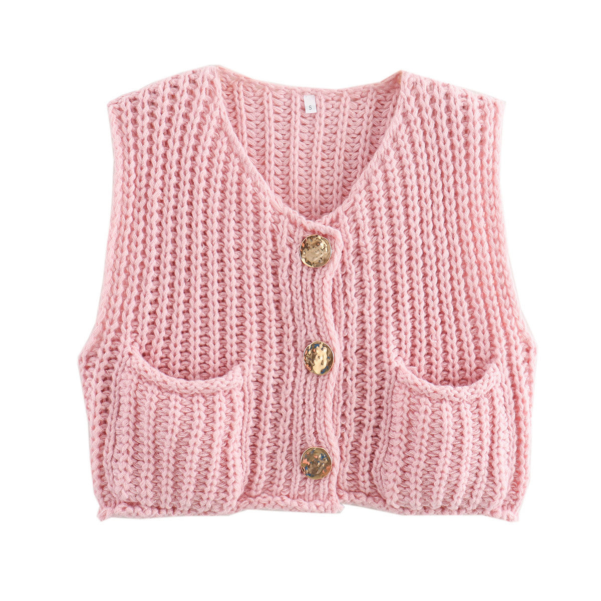 A Women's Pocket Sleeveless Short Knitted Cardigan Vest Shirt free delivery