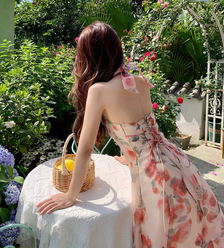 A Women's Backless Holiday Printed Halter Dress free delivery