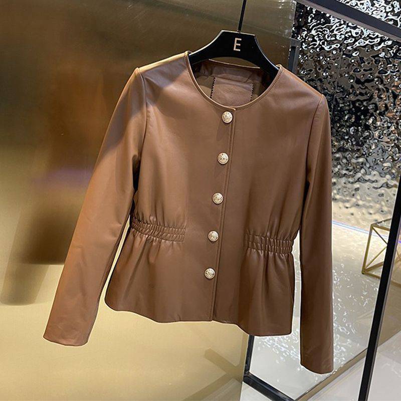A Round Neck Washed Leather Single-breasted Waist Slim Fit Coat free delivery