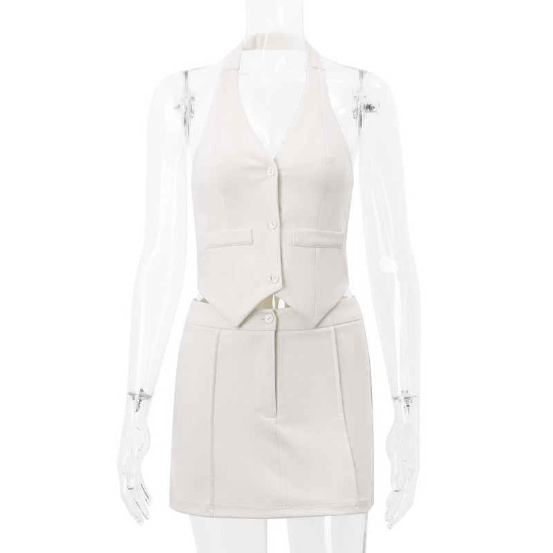 A Irregular V-neck Halterneck Vest Stitching Skirt Suit free delivery