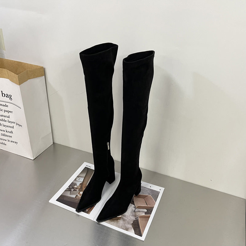A Chunky Heel High Heel Long Suede Zipper Stretch Thin Boots free delivery
