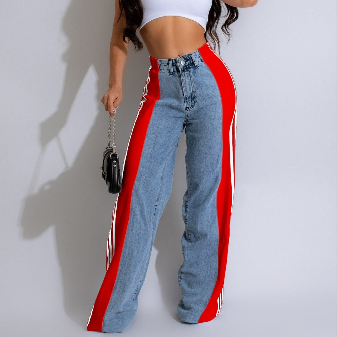 A Wide-leg patchwork denim trousers casual 2024 style free delivery