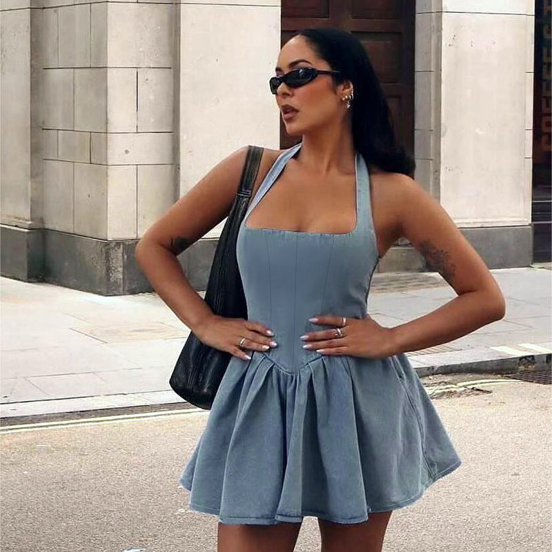 A Sling Waist Denim Dress Backless Women free delivery